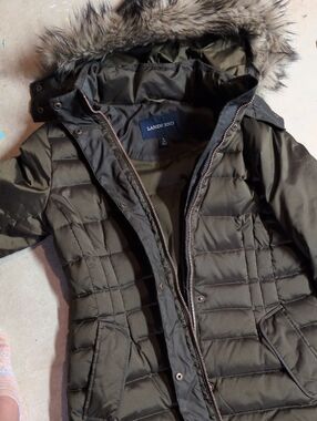 Lands' End Olive Quilted Puffer Coat with Faux Fur Hood